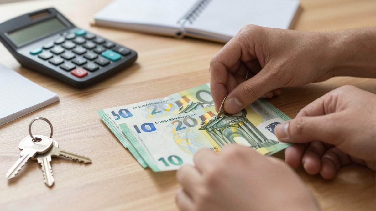 Manos contando billetes de euro junto a una calculadora y las llaves de una casa