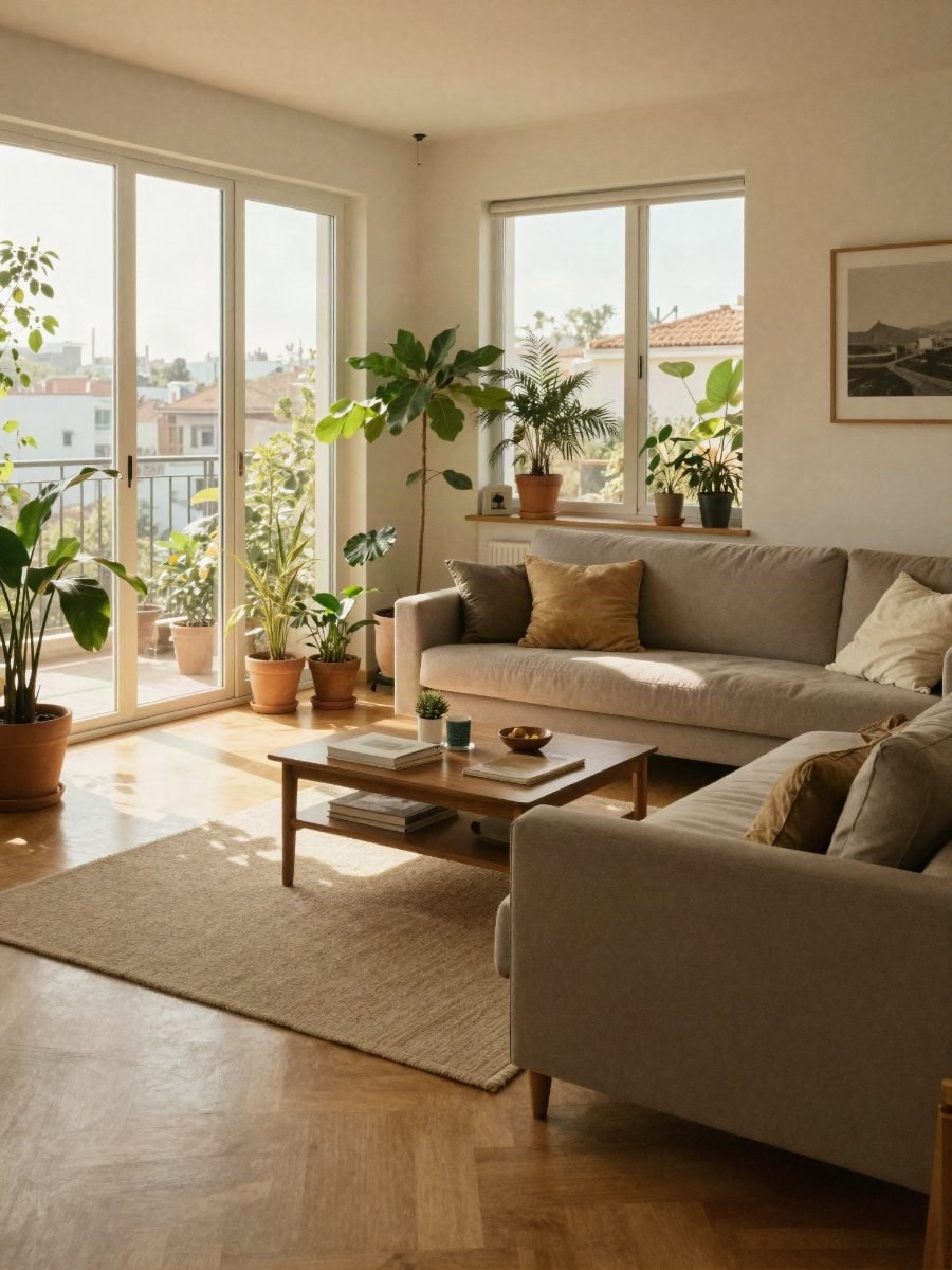 Salón luminoso de un piso con sofá, plantas y grandes ventanales