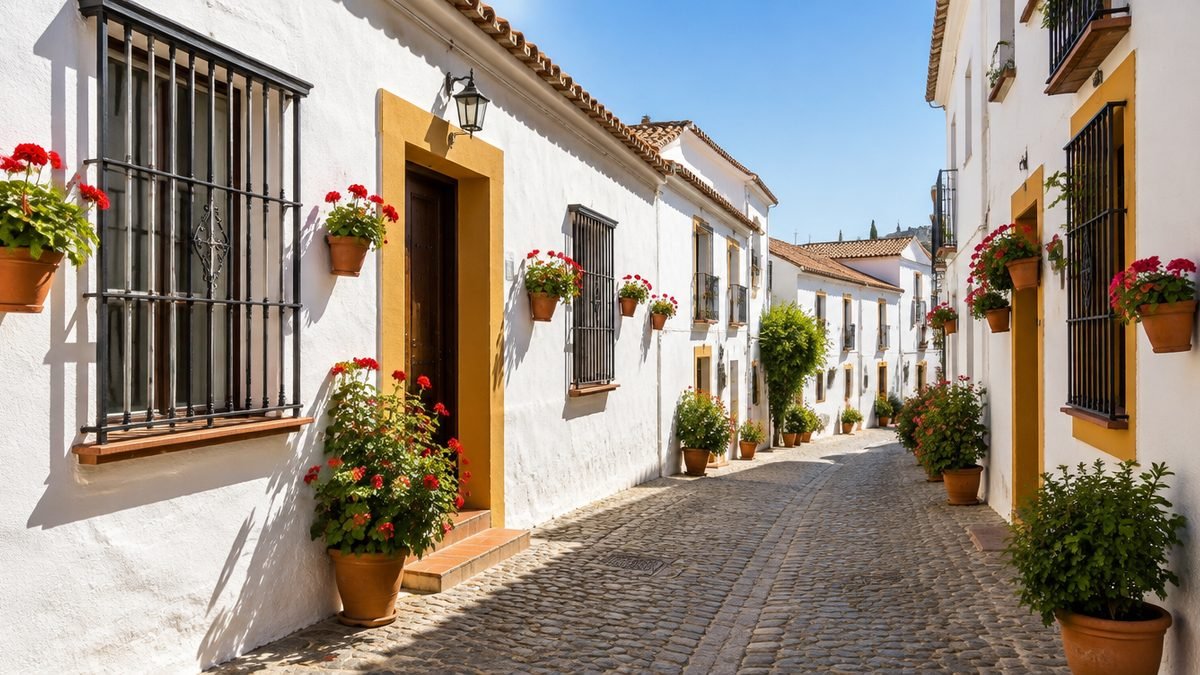 Calle andaluza con casas encaladas, rejas de forja y macetas con geranios, zona residencial para comprar vivienda en Andalucía