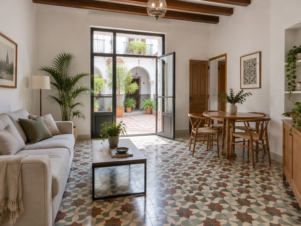 Salón de un piso reformado en Sevilla con suelo hidráulico, vigas de madera y salida a un patio andaluz