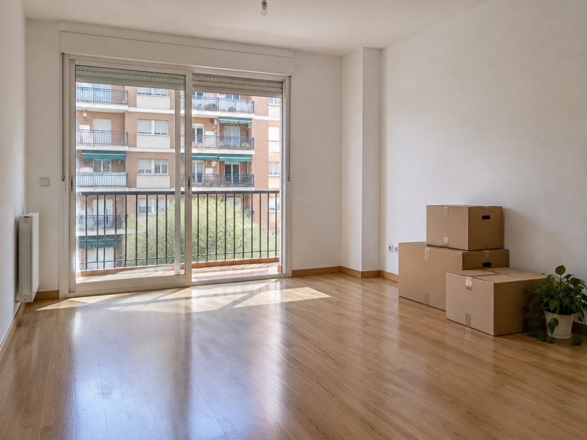Salón vacío y luminoso de un piso de primera vivienda con cajas de mudanza junto al balcón