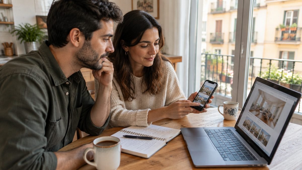Pareja buscando piso para comprar en el portátil y el móvil con alertas de portales inmobiliarios