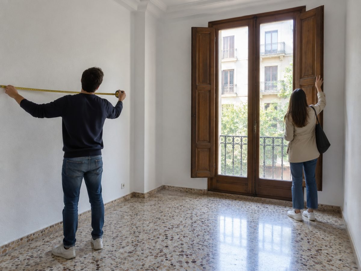 Compradores midiendo una pared y revisando la ventana durante la visita a un piso de segunda mano