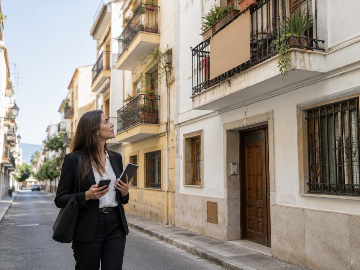 Agente inmobiliario recorriendo su zona de trabajo y observando edificios de viviendas para captar inmuebles