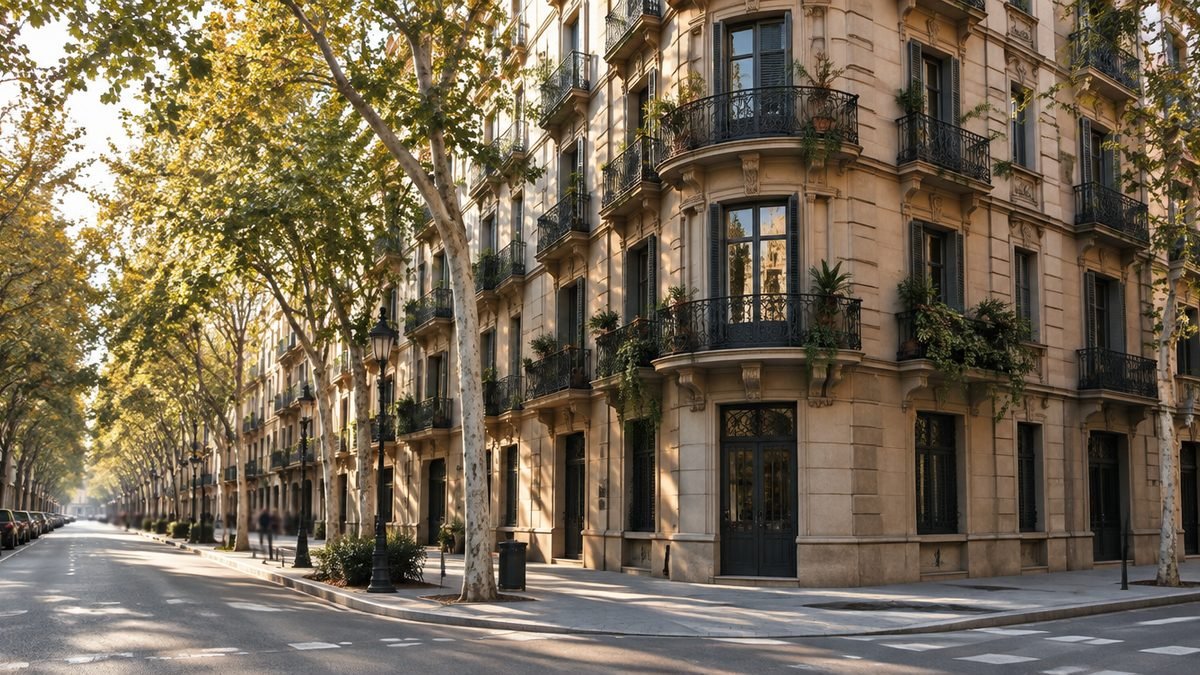 Calle residencial de estilo Eixample con fachadas de piedra y balcones de forja, zona para comprar vivienda en Cataluña