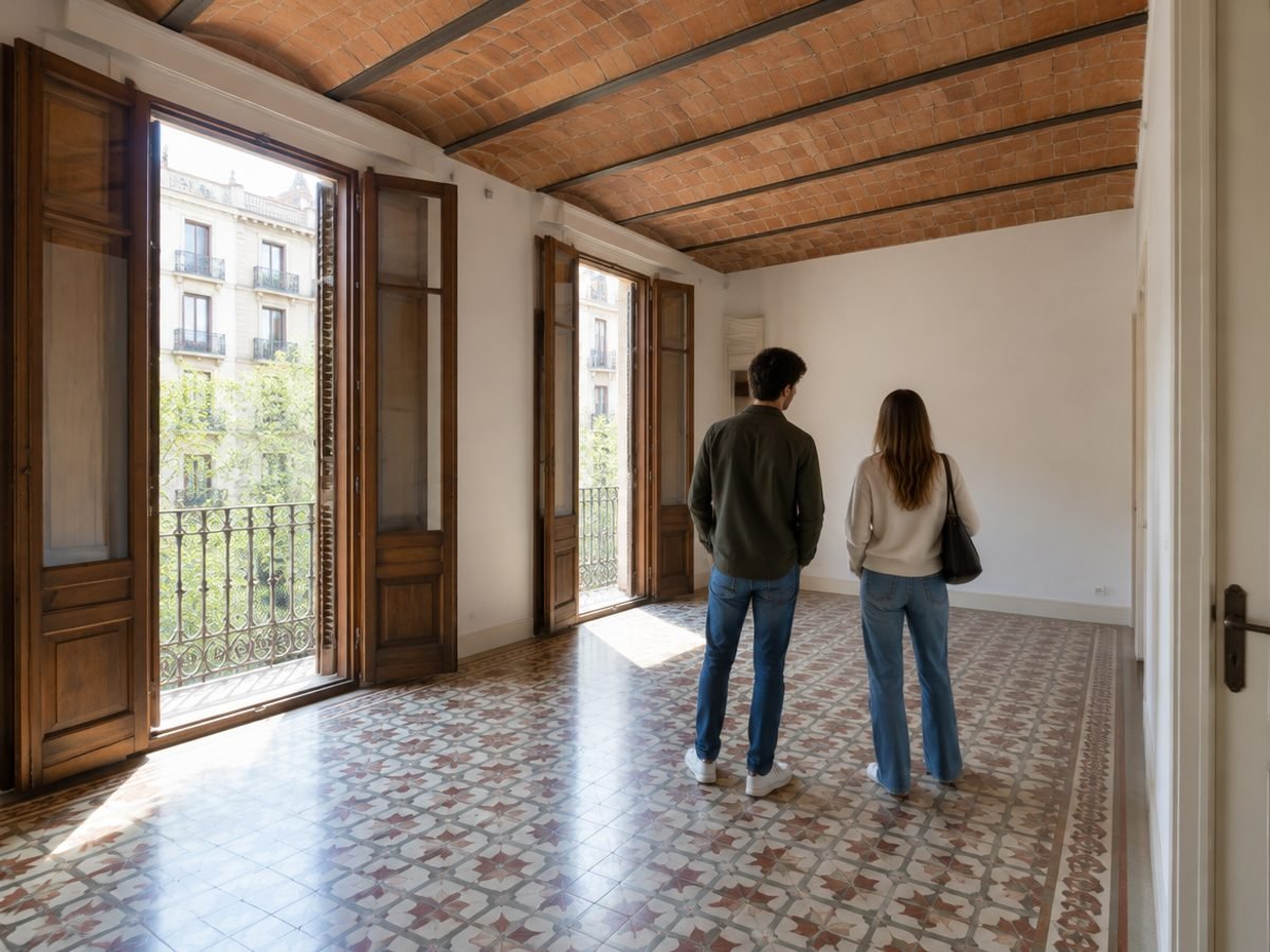 Pareja visitando un piso de segunda mano en Cataluña con suelo hidráulico y techo de bóveda catalana