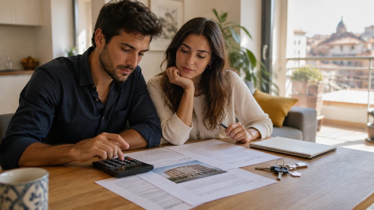 Pareja revisando documentos y calculadora para calcular los gastos de comprar un piso