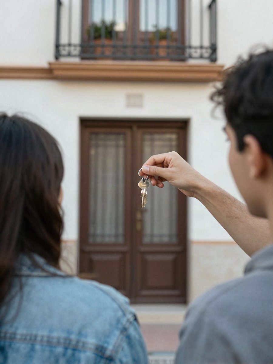 Pareja recibiendo las llaves frente a la puerta de su nueva vivienda