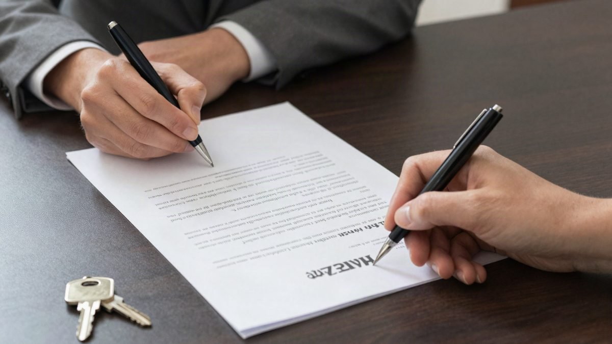 Firma de un contrato de compraventa de vivienda con las llaves sobre la mesa
