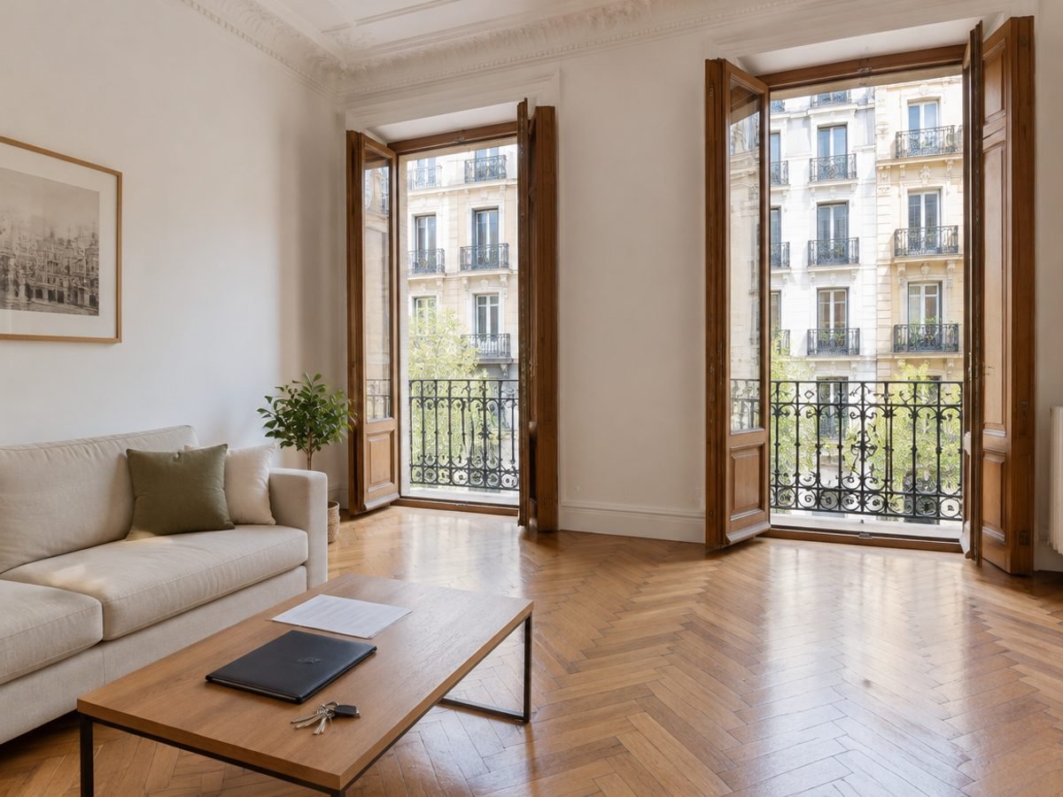 Salón luminoso de un piso en venta en Madrid con suelo de parqué en espiga y balcón a la calle
