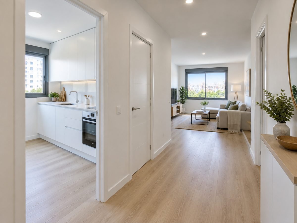 Salón y cocina de un piso tras una reforma integral con calidades medias, suelo de madera clara y puertas lacadas