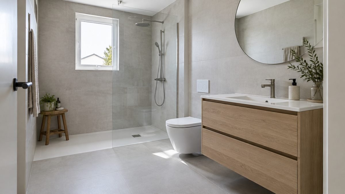Baño reformado con ducha a ras de suelo, mampara de cristal, porcelánico gris y mueble de madera suspendido
