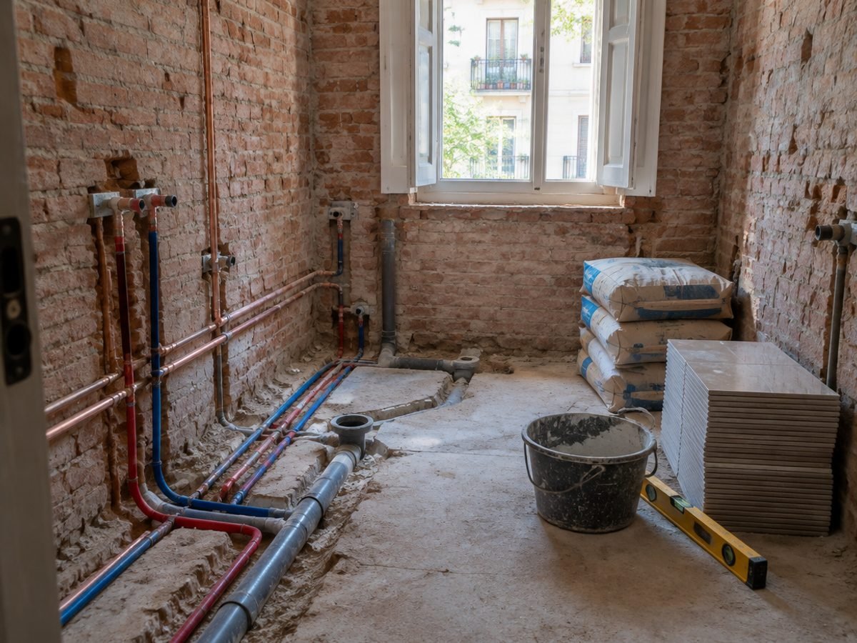Baño en obra con fontanería y desagües nuevos instalados y azulejos preparados para alicatar