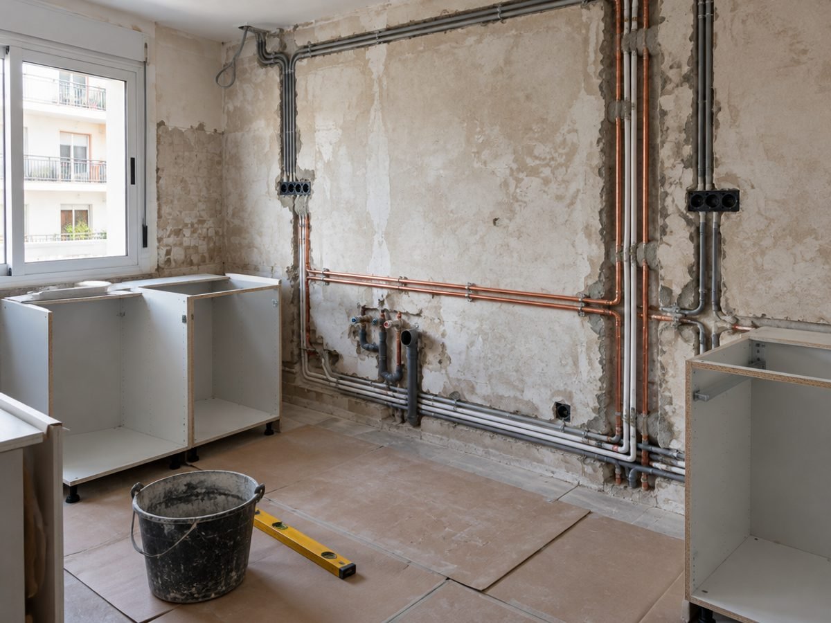 Reforma de cocina en obra con nuevas tuberías de fontanería y tubos eléctricos en la pared antes de alicatar