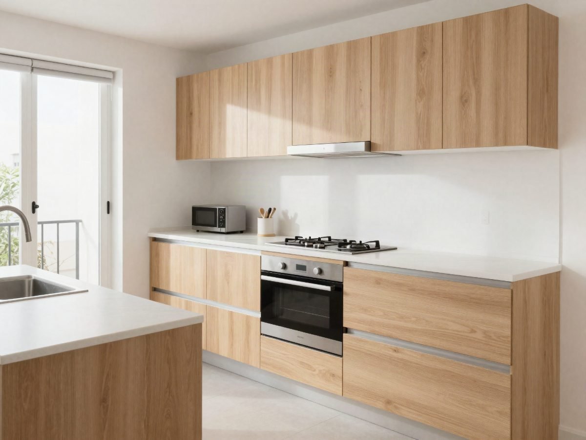 Cocina reformada con muebles de madera clara y encimera blanca