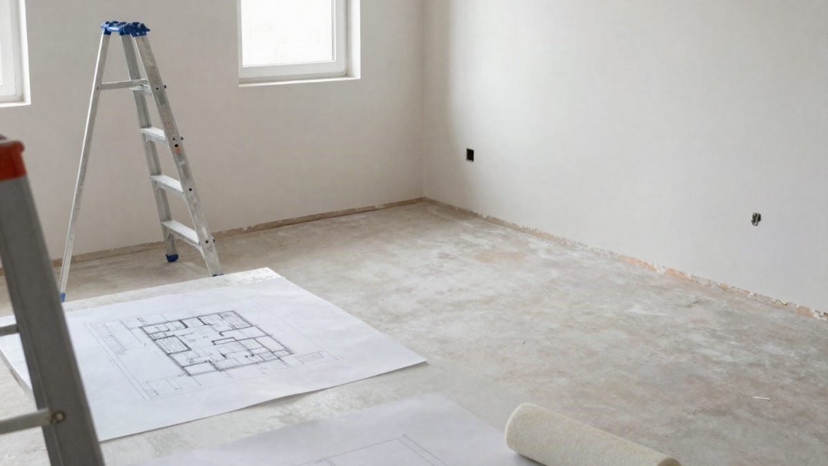 Habitación de un piso en reforma con escalera y planos sobre el suelo